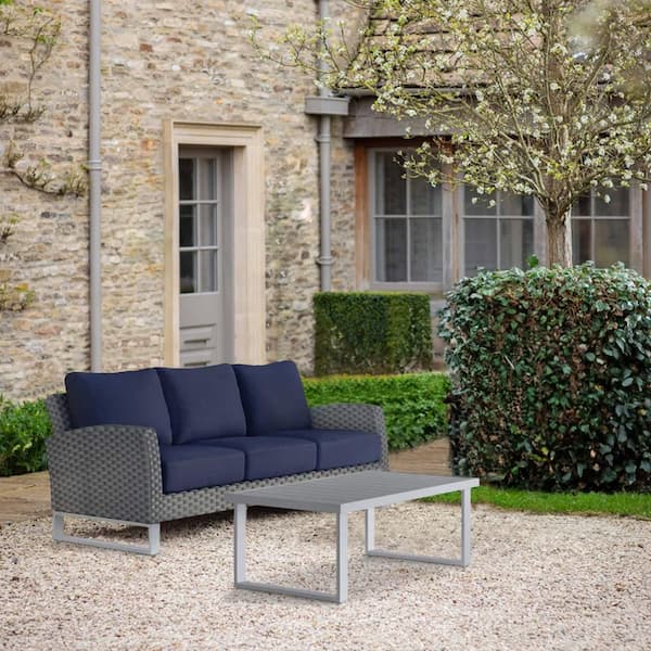 Benjara Gray 2-Piece Metal Patio Conversation Set with Blue Cushions