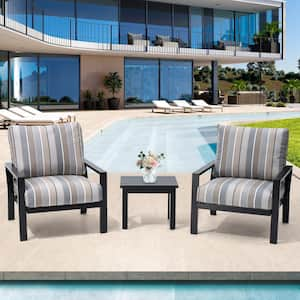 3-Piece Black Leisure Aluminum Patio Conversation Set with Sunbrella Colored Cushions