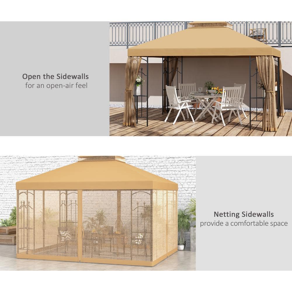 Outsunny Brown Steel Outdoor Patio Gazebo with Mesh Curtains and Shelves