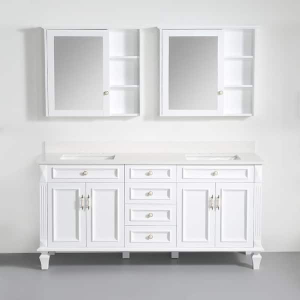 ANGELES HOME 72 in. W x 22 in. D x 35 in. H Double Sink Solid Wood Bath Vanity in White with White Qt. Top, 2 Wood Mirror Cabinet