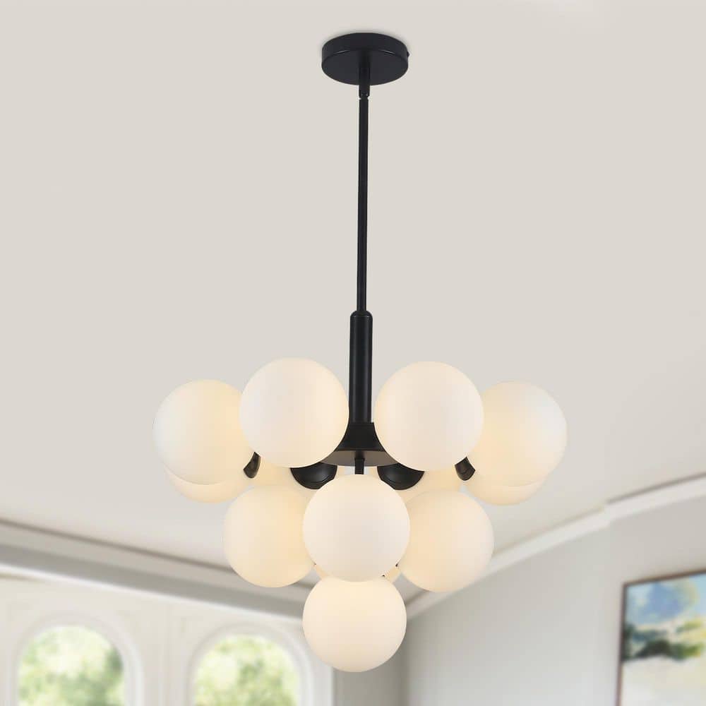 22. 44 in. 13-Light Black Mid-Century Sputnik Atomic Tiered Bubble Cluster Chandelier with Opal Glass Globe for Kitchen price history on PriceWatchPro