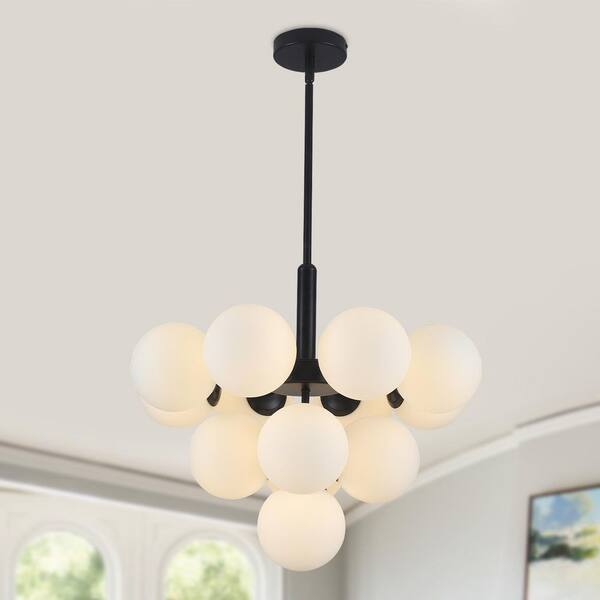 22. 44 in. 13-Light Black Mid-Century Sputnik Atomic Tiered Bubble Cluster Chandelier with Opal Glass Globe for Kitchen