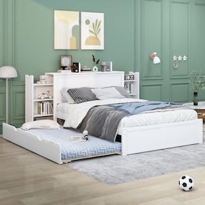 White Wooden Frame Full Size Platform Bed With Trundle and Shelves