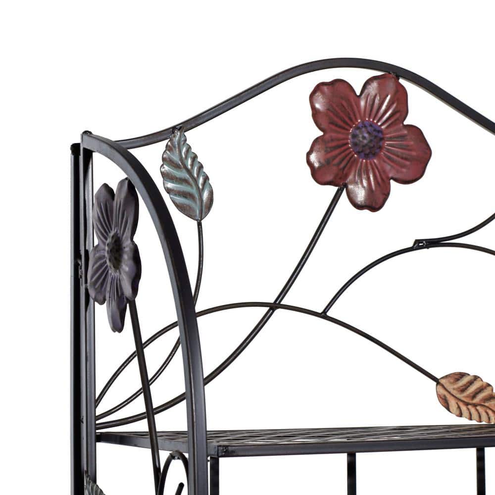 Black Metal Floral Tall Folding Bakers Rack with 4 Shelves