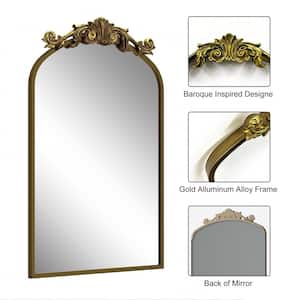 24 in. W x 36 in. H Arch Aluminum Alloy Framed French Cleat Mounted Baroque Wall Decor Bathroom Vanity Mirror in Gold