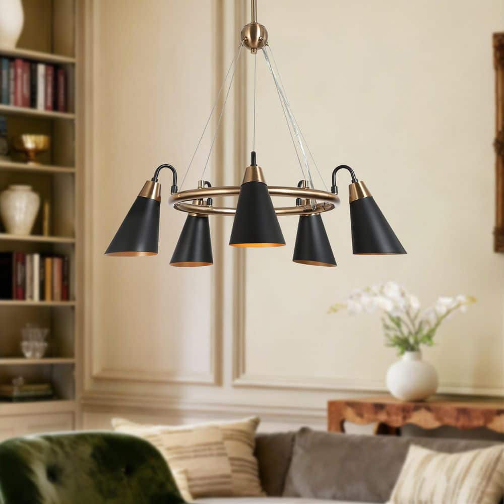 Flumie 5-Light Modern Round Black Chandelier, Industrial Brass Gold Adjustable Hanging Pendant with Metal Cone for Foyer price history on PriceWatchPro