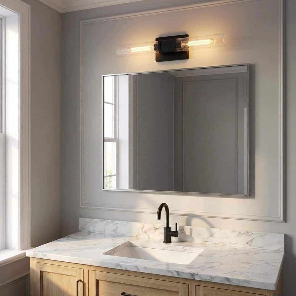 Keaton 5 in. W x 20 in. H 2-Light Midnight Black Dimmable Wall Sconce with Clear Crackle Glass Shades price history on PriceWatchPro