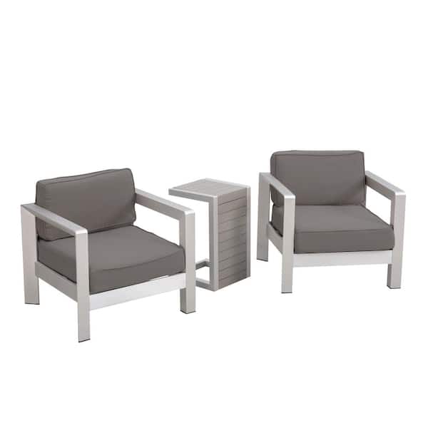 Noble House Alvira Silver 3-Piece Aluminum Patio Conversation Set with Khaki Cushions