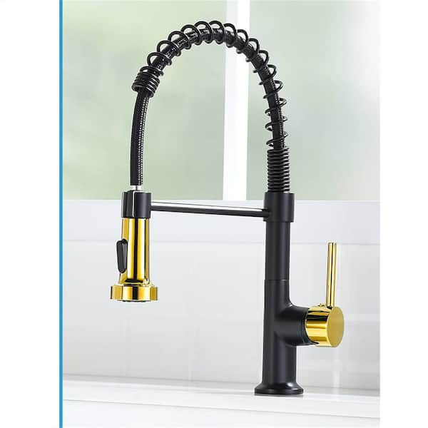 FLG Single-Handle Pull Down Kitchen Sink Faucet With Sprayer 1-Hole Commercial Kitchen Faucets Taps Polished Gold and Black
