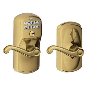Plymouth Antique Brass Electronic Door Lock with Flair Door Lever Featuring Flex Lock