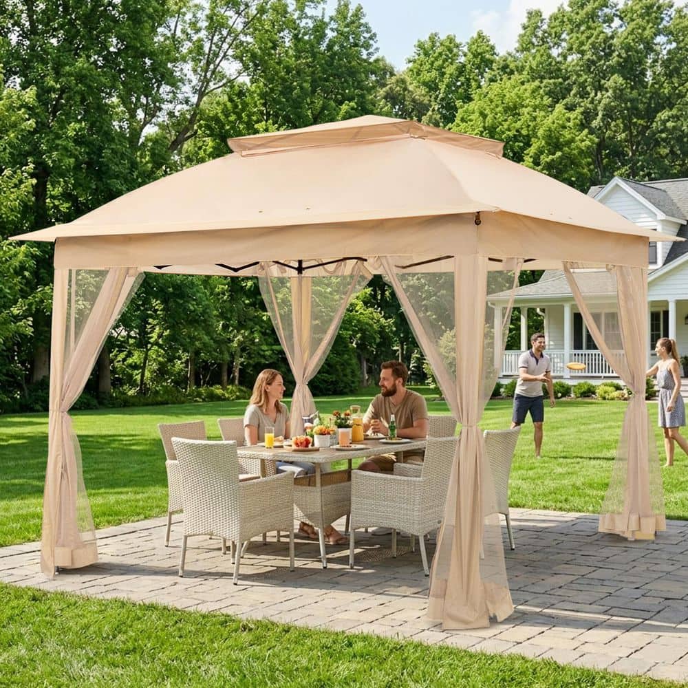 COOS BAY 11 ft. x 11 ft. Khaki Steel Pop-Up Gazebo with Mosquito