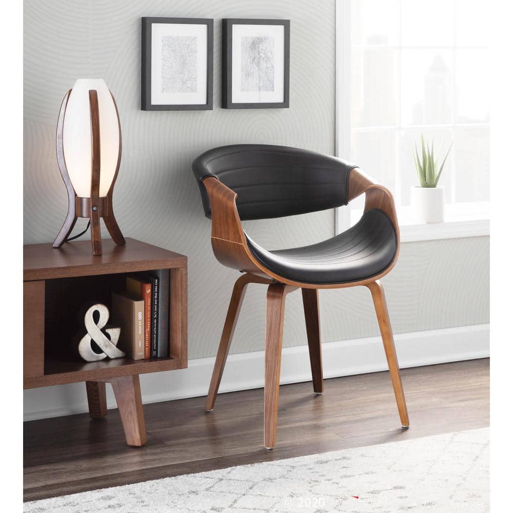 Symphony High-Back Black Faux Leather & Walnut Wood Arm Chair