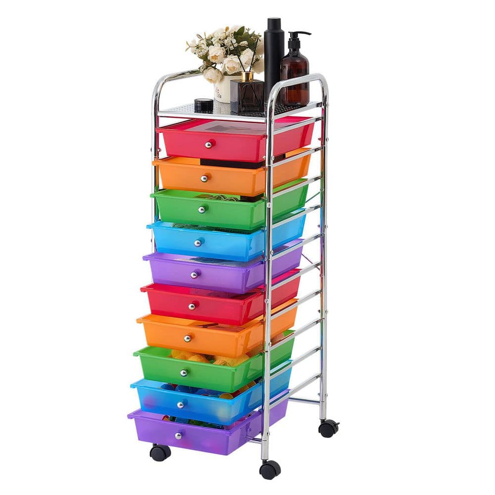 Rolling Cart with Drawers, 10 Drawer Storage Organizer, Mobile Utility Cart with Steel Frame, Casters & 2 Brakes