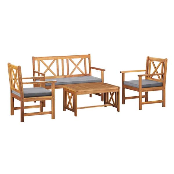 Pure Garden Manchester 4-Piece Outdoor Patio Conversation Set with Double Seat Bench, Coffee Table and 2 Chairs, Acacia Wood