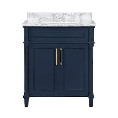 Aberdeen 30 in. x 22 in. D Bath Vanity in Midnight Blue with Carrara Marble Vanity Top in White with White Basin