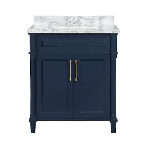 Photo 1 of Aberdeen 30 in. x 22 in. D x 34.5 in. H Bath Vanity in Midnight Blue with White Carrara Marble Top