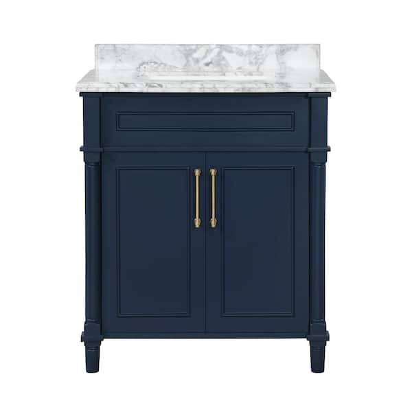 Aberdeen 30 in. Single Sink Midnight Blue Bath Vanity with Carrara Marble Top (Assembled)