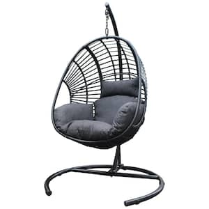 Anky 3.9 ft. 1-Person Steel Frame Black Wicker Free Standing Egg Chair Patio Swings Hammock Chair with Black Cushions