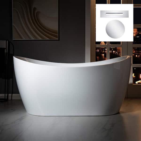 WOODBRIDGE Beauvais 59 in. Acrylic FlatBottom Double Slipper Bathtub with Polished Chrome Overflow and Drain Included in White
