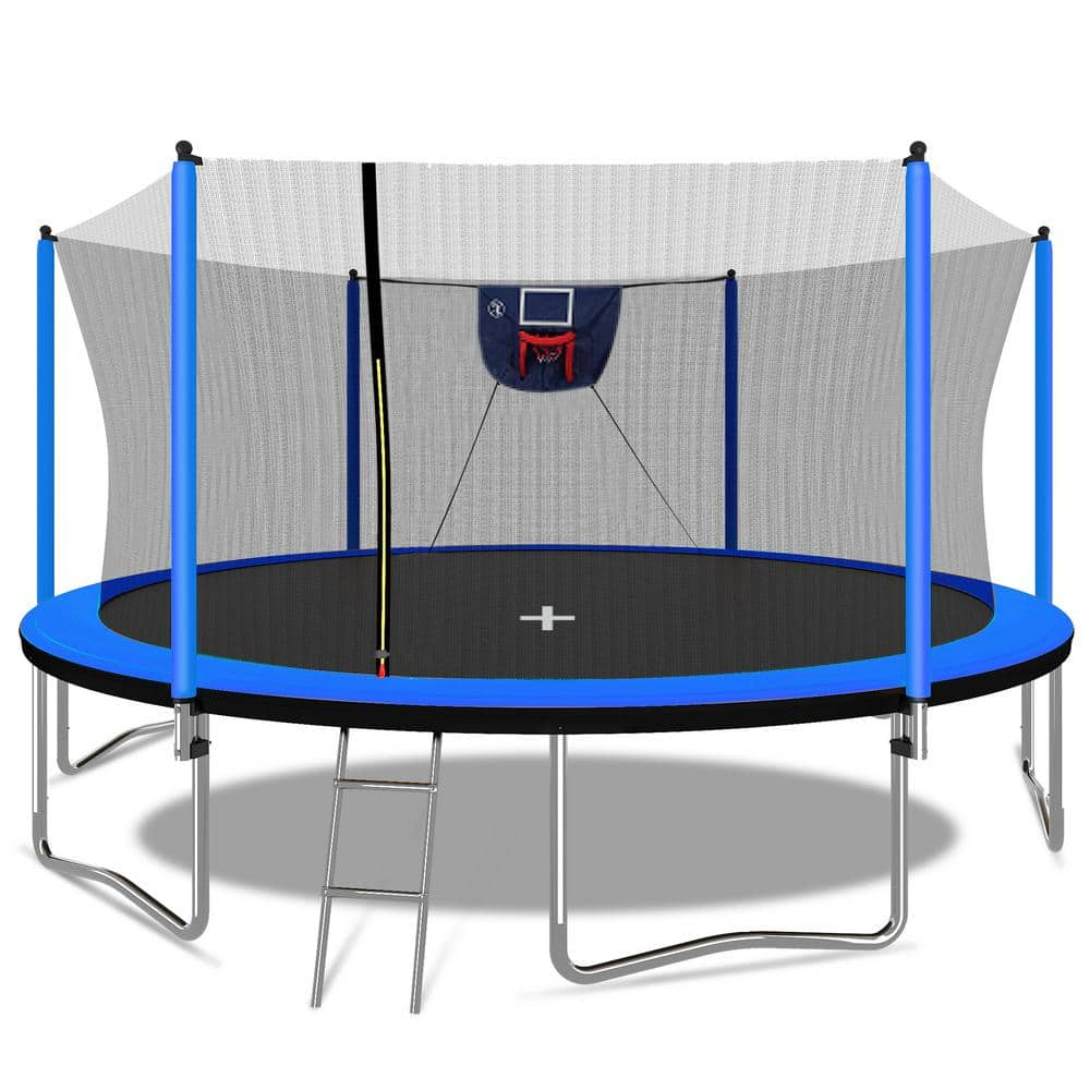 Tenleaf 15 ft. Outdoor Round Blue Trampoline with Basketball Hoop Inflator and Ladder 6 Piece Extra Safety Net Pole Sleeves FCBF13 700 The Home