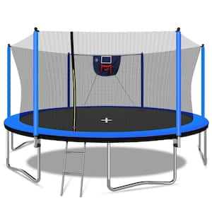 15 ft. Outdoor Round Blue Trampoline with Basketball Hoop Inflator and Ladder, 6-Piece Extra Safety Net Pole Sleeves