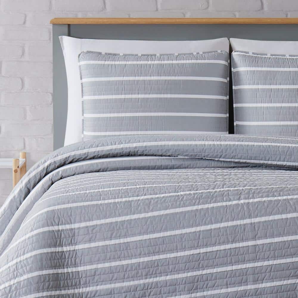 Gray Twin XL Microfiber Quilt and Sham Set