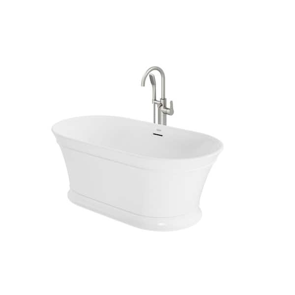 JACUZZI Lyndsay 59 in. Acrylic Freestanding Flatbottom Soaking Bathtub in White with Round Brushed Nickel Tub Filler Included