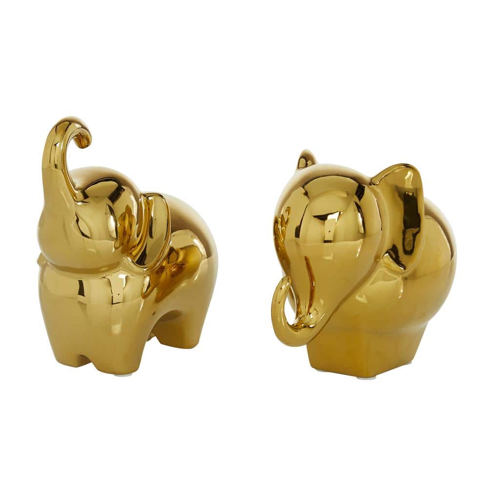 Gold Porcelain Elephant Statue Set, 6" and 7" Heights