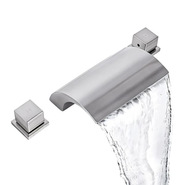 Double-Handle Tub Deck Mount Roman Tub Faucet Waterfall Bathtub Filler in Brushed Nickel