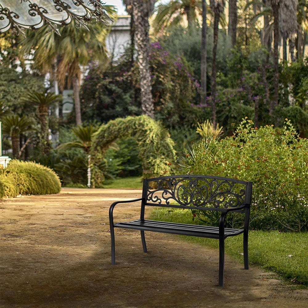 Black Powder Coated Steel Outdoor Bench with Cast Iron Backrest