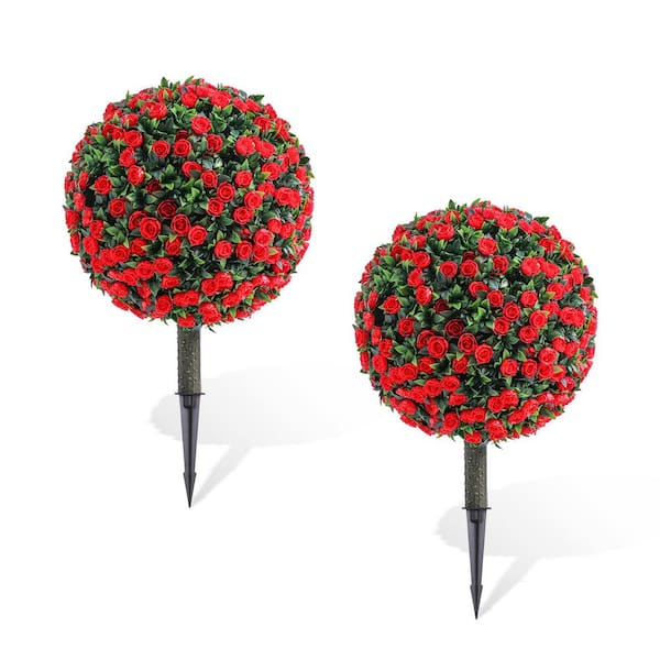 1.8FT 2PC Artificial Topiary Stakes in the Shape of Red Roses,PE Flowers and Leaves on Plastic Stems with Metal Stakes