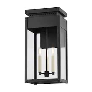 Braydan 11.25 in. 3-Light Textured Black Outdoor Lantern Wall Sconce with Clear Glass Shade