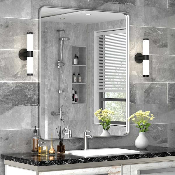 16 in. W x 24 in. H Small Rectangular Stainless Steel Framed Mirror Wall Mirror Bathroom Vanity Mirror in Brushed Silver