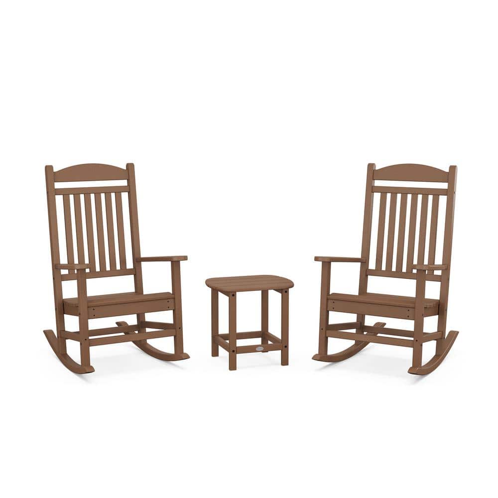 POLYWOOD Grant Park Teak Plastic Outdoor Rocking Chair Set (3-Piece ...