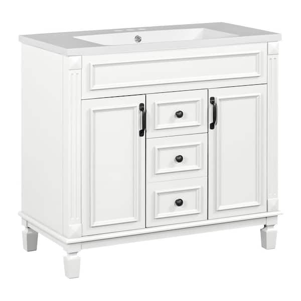 36 in. W x 18.10 in. D x 34 in. H Single Sink Bath Vanity Bathroom Vanity in White White Resin Top, 2-Doors, 2-Drawers