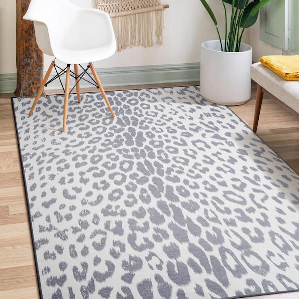 Miya Leopard Grey 5 ft. x 7 ft. Animal Print Washable Area Rug