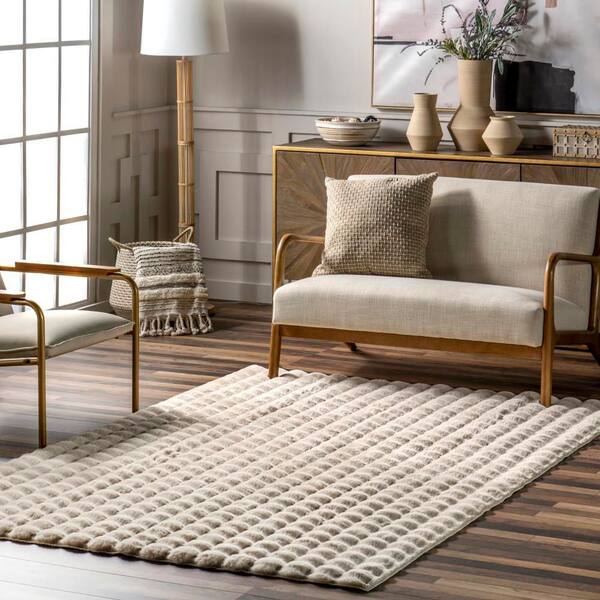 Jeni Solid Faux Rabbit Machine Washable Area Rug Beige 5' ft. x 5' ft. Area Rug