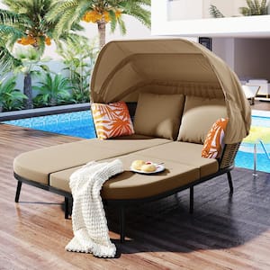 Brown Wicker Outdoor Day Bed with Brown Cushions, Pillows and Retractable Canopy