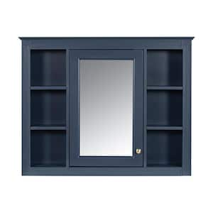 35 in. W x 7.10 in. D x 27.5 in. H Bathroom Storage Wall Cabinet in Royal Blue with Mirror, Door and 6 Open Shelves