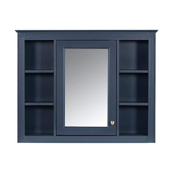 Adrinfly 35 in. W x 7.10 in. D x 27.5 in. H Bathroom Storage Wall Cabinet in Royal Blue with Mirror, Door and 6 Open Shelves