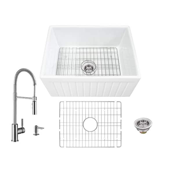 IPT Sink Company All-in-One Apron Front Fluted/Plain Reversible Fireclay 24 in. Single Bowl Kitchen Sink with Faucet and Strainer