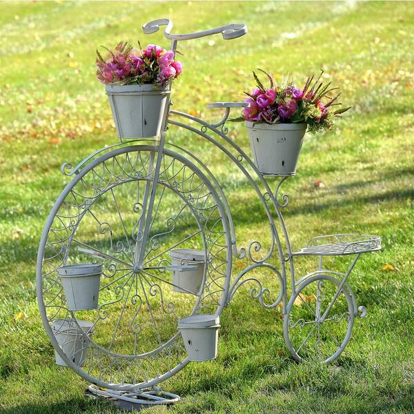Zaer Ltd. International 52.5 in. High Wheel Antique White Iron Bicycle Planter