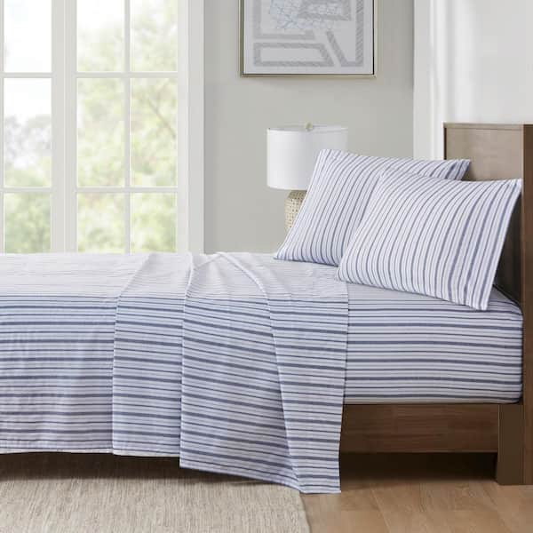 200-Thread Count Printed Cotton 4-Piece Blue Stripe Queen Sheet Set