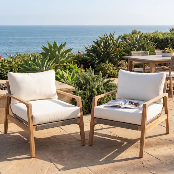Kevira Modern Rustic Oiled Teak Finish Solid Wood and Rope Woven Outdoor Lounge Chairs with White Cushions, (Set of 2)
