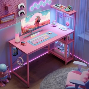44 in. Rectangular Pink Carbon Fiber Gaming Desk with RGB LED Lights Computer Desk with 4-Tier Storage Shelves and Hook
