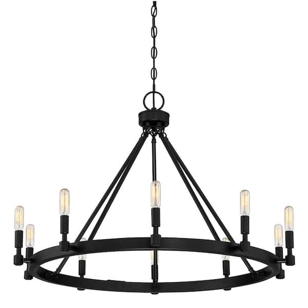Fiora 10-Light Black Minimalist Wagon Wheel Chandelier for Dining Areas with No Bulbs Included