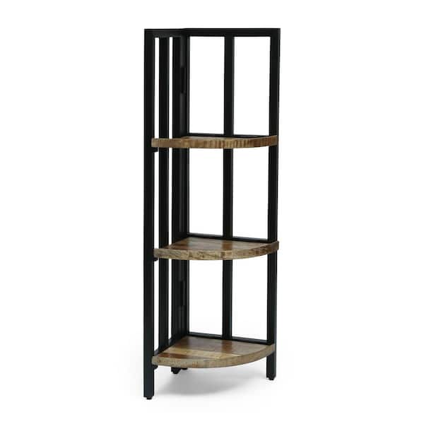 Noble House Taber 40 in. Natural and Black Mango Wood 3-Shelf Corner Bookcase