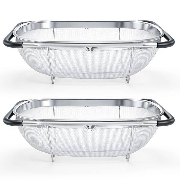 Over the Sink Oval Fine Mesh 6 Quart Stainless Steel Expandable Rubber Grip Handles Colander (Set of 2)