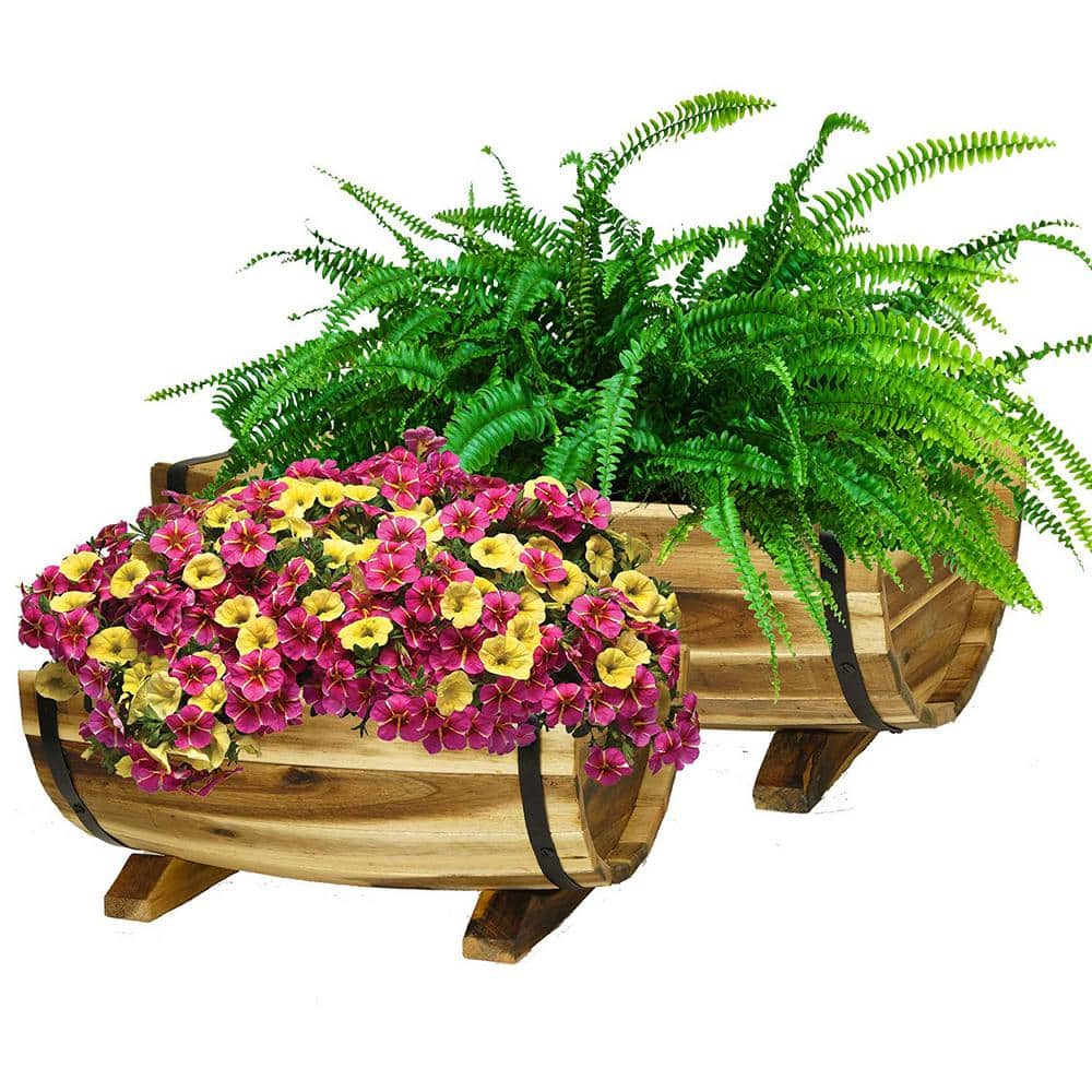 Rustic Acacia Wood Half-Barrel Planters with Metal Bands, Set of 2