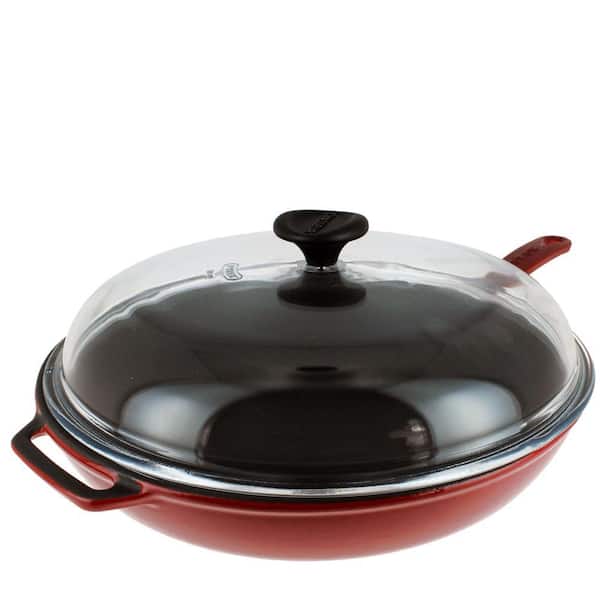 French Enameled 11 in. Cast Iron Frying Pan in Red with Glass Lid and Helper Handle
